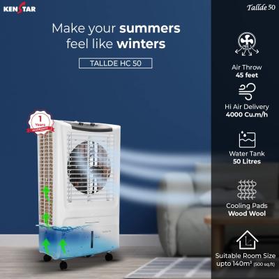 Kenstar Tallde 50 Desert Air Cooler for Home - Inverter Compatible, Wood Wool Cooling Pads, Collapsible Louvers (50L, 170 Watts)