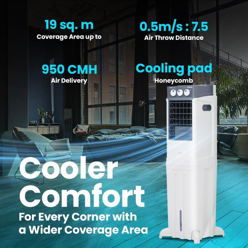 VOLTAS Slimm 35 Litres Tower Air Cooler with Ice Chamber (Auto Swing, White & Grey)